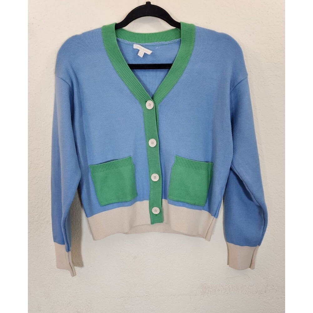 Plastic Island Cardigan Small Blue Green Colorblock V-Neck Preppy Knit Sweater